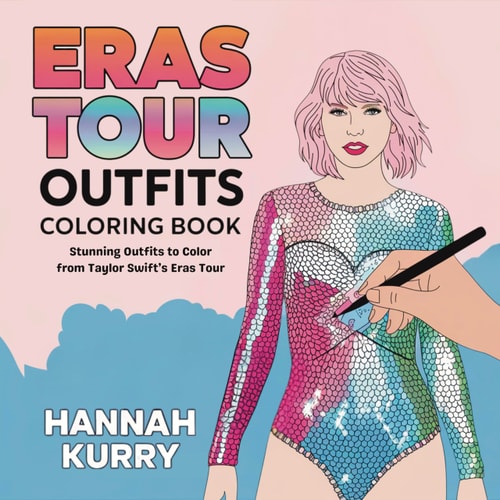 Coloring book cover featuring a person coloring a design of Taylor Swift's outfit from her Eras Tour.
