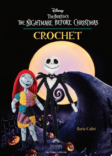 Crochet pattern book cover featuring Jack Skellington and Sally from 'The Nightmare Before Christmas' with a full moon and pumpkins in the background.