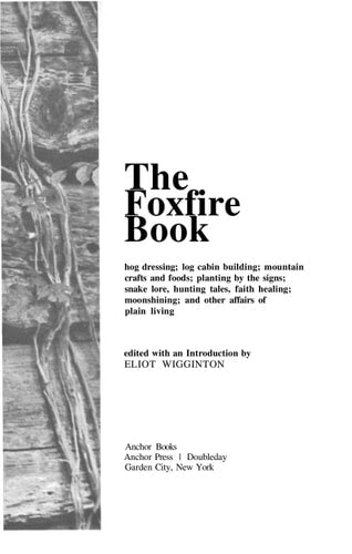 Title page of 'The Foxfire Book' with text and a black and white image on the left side.