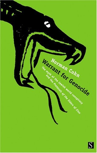 Book cover of 'Warrant for Genocide' by Norman Cohn with a black hand on a green background