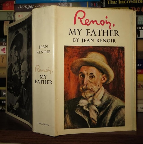 Book titled 'Renoir, My Father' by Jean Renoir on a bookshelf.