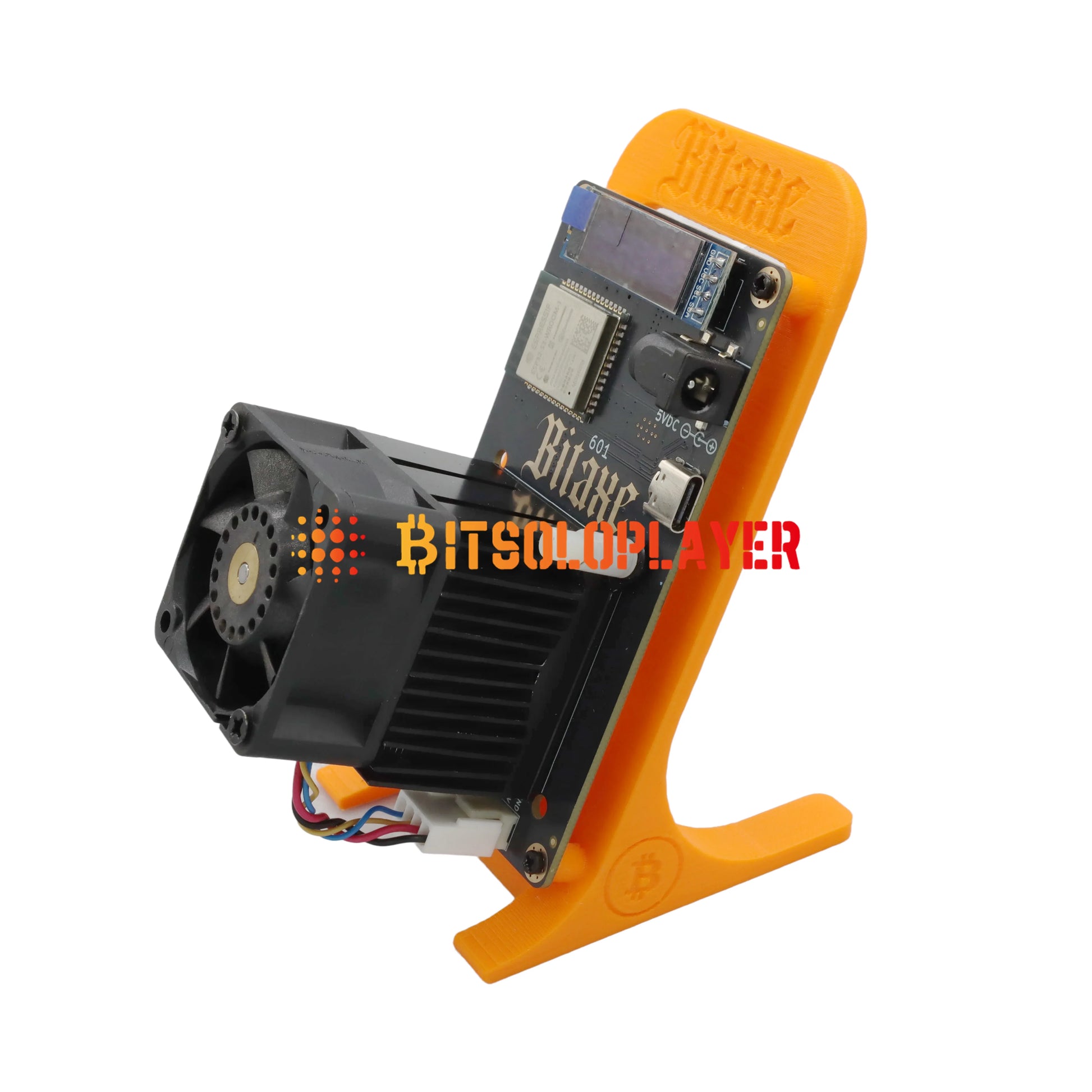 Bitaxe 601 Gamma BM1370 with orange housing and visible branding on a white background.