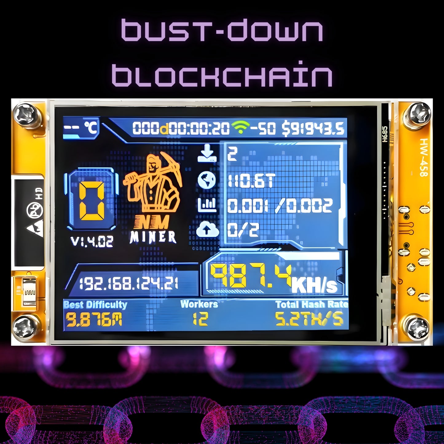 Display screen on nerdminer with mining statistics and 'bust-down blockchain' text on a dark background