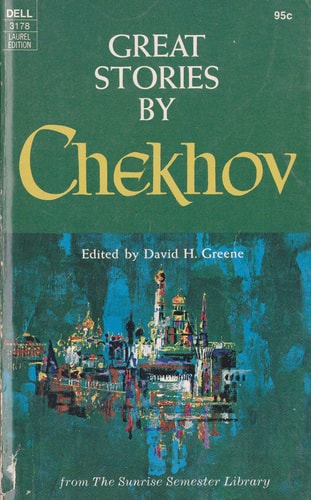 Book cover of 'Great Stories by Chekhov' with a green background and artistic illustration.
