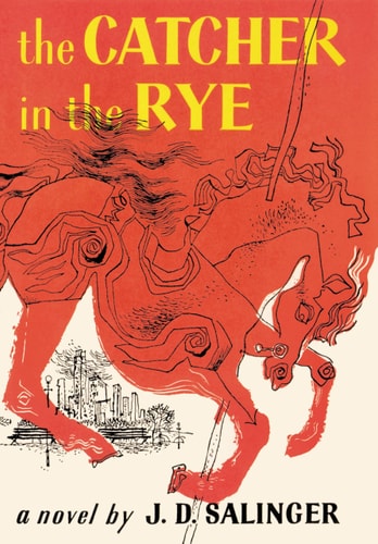 Book cover of 'The Catcher in the Rye' with a red horse illustration and cityscape in the background.