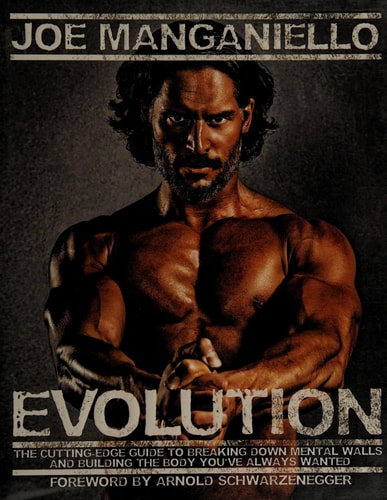 Book cover of 'Evolution' by Joe Manganiello with a muscular man on a dark background