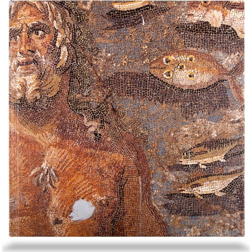Mosaic artwork depicting a figure and fish, with a focus on texture and color.