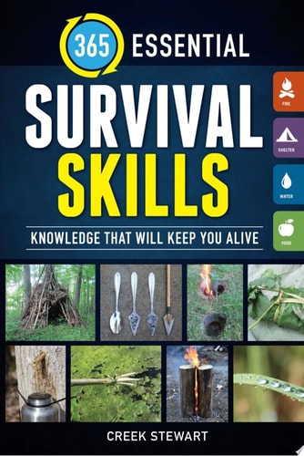 Book cover of '365 Essential Survival Skills' with images of survival tools and knowledge.