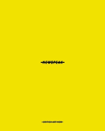 Yellow book cover with the title 'NEWSPEAK' and author "British Art Now" both with strikelines through the text on a yellow background