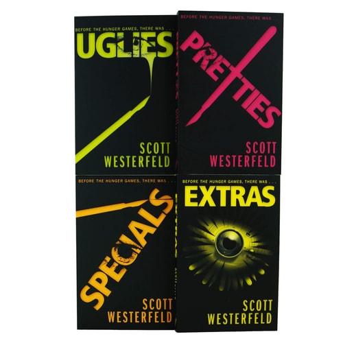 Four book covers by Scott Westerfeld titled 'Uglies', 'Pretties', 'Extras', and 'Specials' on a white background.