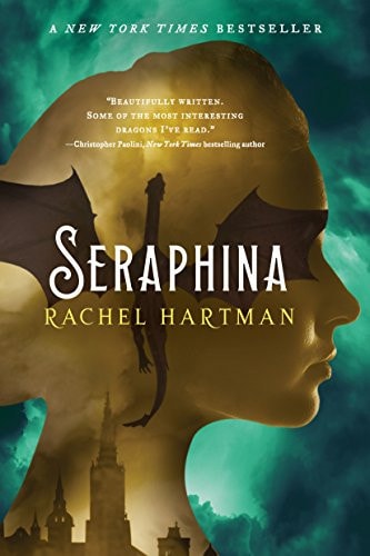 Book cover of 'Seraphina' by Rachel Hartman with a silhouette of a girl and dragon against a blue and green gradient background.