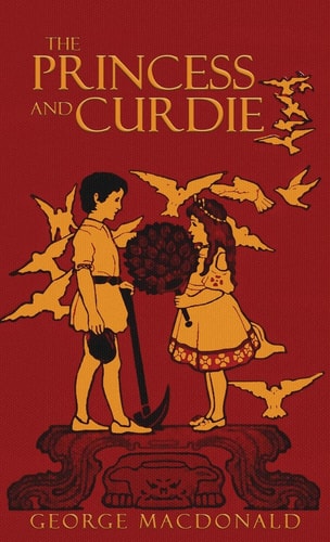 Book cover of 'The Princess and Curdie' by George MacDonald with illustrations of a boy and girl on a red background.