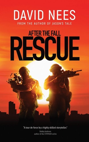 Book cover of 'After the Fall Rescue' with silhouettes of two figures against a sunset sky.