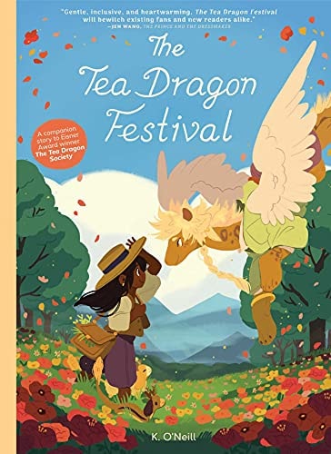 Book cover of 'The Tea Dragon Festival' with a dragon and person in a field