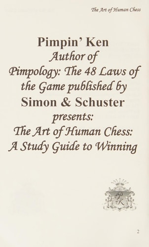 Title page of 'The Art of Human Chess' by Pimpin' Ken with text about his other works.