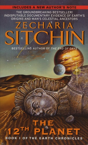 Book cover of 'The 12th Planet' by Zecharia Sitchin with desert scene and planetary elements.