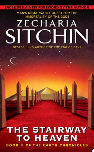 Book cover of 'The Stairway to Heaven' by Zecharia Sitchin with a pyramid and red pathway design.