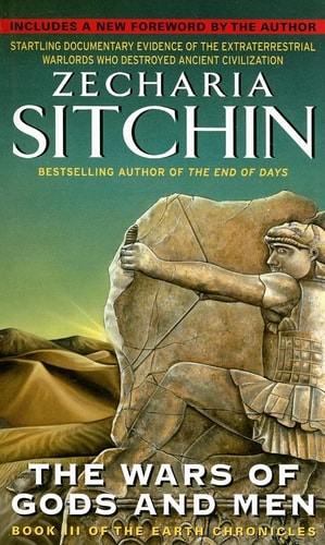 Book cover of 'The Wars of Gods and Men' by Zecharia Sitchin featuring a sculpture.