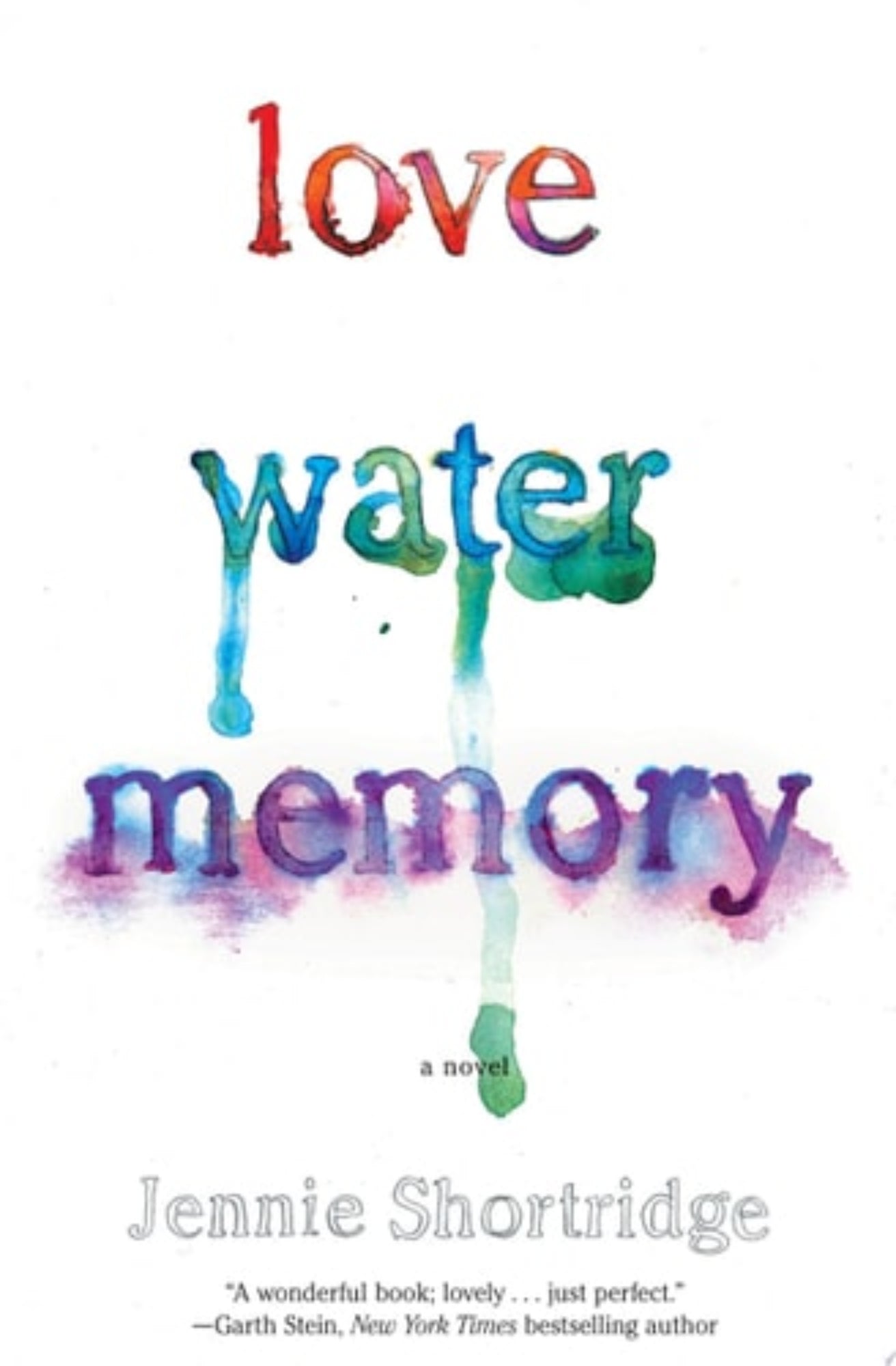 Book cover of 'Love Water Memory' by Jennie Shortridge with colorful text on a white background.
