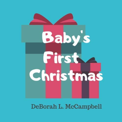 Book cover of 'Baby's First Christmas' with gift boxes and text on a blue background