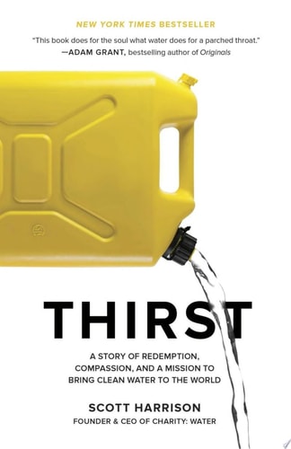Book cover of 'Thirst' with a yellow water jug and flowing water on a white background.