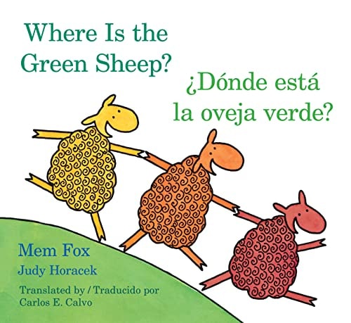 Book cover of 'Where Is the Green Sheep?' with colorful sheep illustrations and text in English and Spanish.