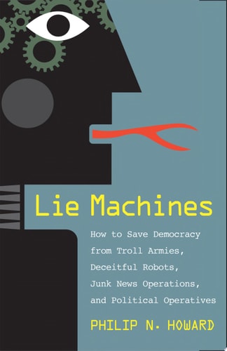 Book cover of 'Lie Machines' with a stylized face and eye design.