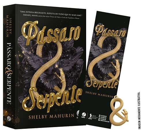 Book cover of Shelby Mahurin's 'Pássaro e Serpente' with gold text and snake design on a black background