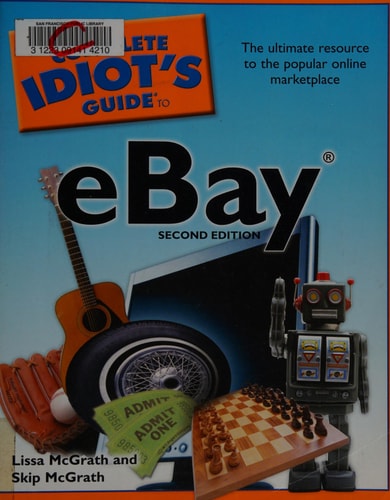 Book cover of 'The Complete Idiot's Guide to eBay' with a robot, guitar, and chessboard on a blue background.