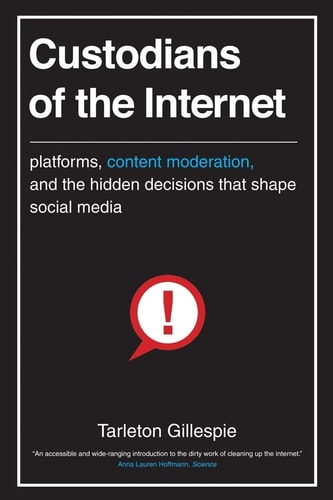 Book cover of 'Custodians of the Internet' with a black background and red exclamation mark icon.