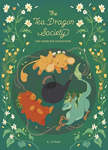 Book cover of 'The Tea Dragon Society' with dragons and a teapot on a green background.
