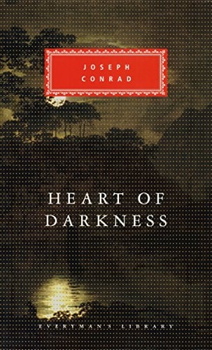 Book cover of 'Heart of Darkness' by Joseph Conrad with a dark landscape and red label.