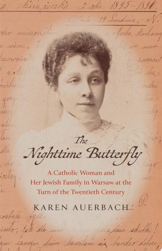 Book cover of 'The Nighttime Butterfly' with a vintage-style portrait of a woman on an orange background.