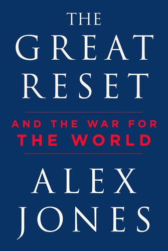 Book cover of 'The Great Reset and the War for the World' by Alex Jones with a blue background.