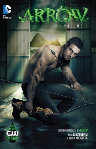 Promotional poster for 'Arrow' with a character holding a bow and arrow, set against a dark background.
