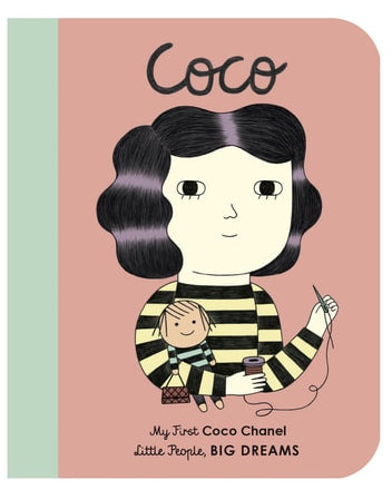A cover illustration of a children's book about Coco Chanel, featuring an cartoon style drawing of a young Coco Chanel with a striped dress and a baby on her lap.