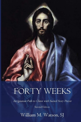 Book cover of 'Forty Weeks' with a religious illustration on a dark background