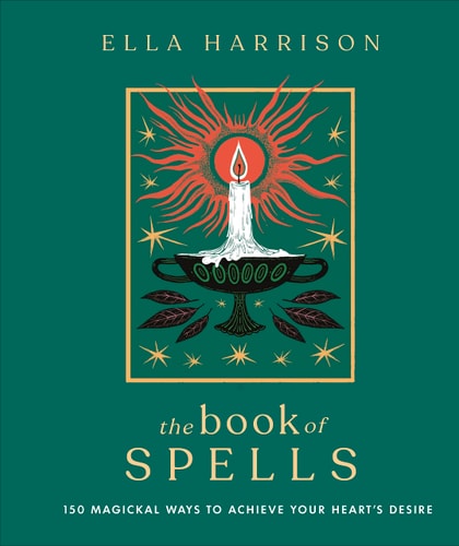 Book cover of 'The Book of Spells' by Ella Harrison with a candle illustration on a green background.