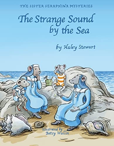 Book cover of 'The Strange Sound by the Sea' featuring animated characters on a beach.