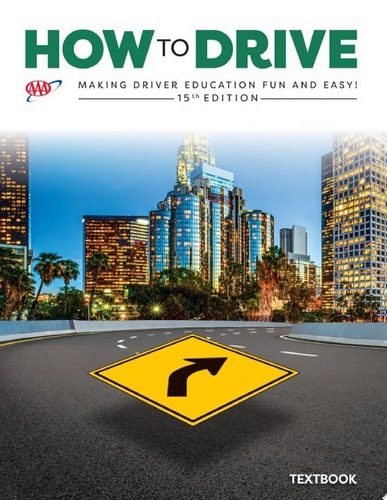 Textbook cover titled 'How to Drive' with a cityscape and road sign in the background.