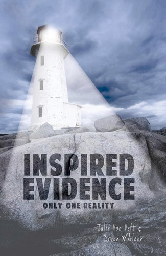 Lighthouse on a rocky outcrop on book cover of 'Inspired Evidence: Only One Reality' with text overlay against a cloudy sky.