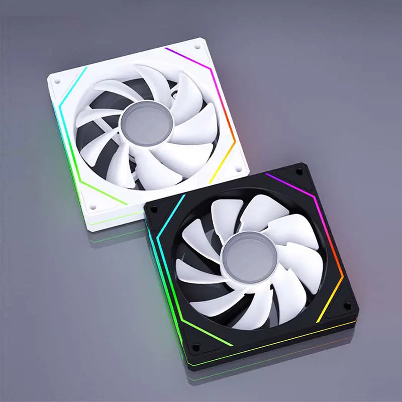 Two computer fans with RGB lighting on a gray background