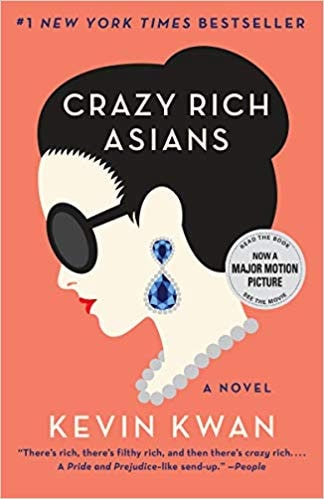 Book cover of 'Crazy Rich Asians' by Kevin Kwan with a stylized illustration of a woman on an orange background.