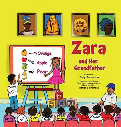 Book cover of 'Zara and Her Grandfather' with a classroom scene and colorful portraits on the wall.