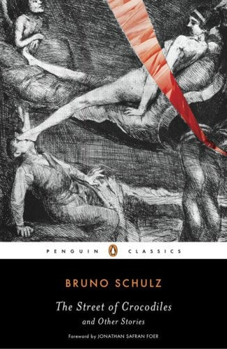 Book cover of 'The Street of Crocodiles' by Bruno Schulz with black and white illustration and red line.