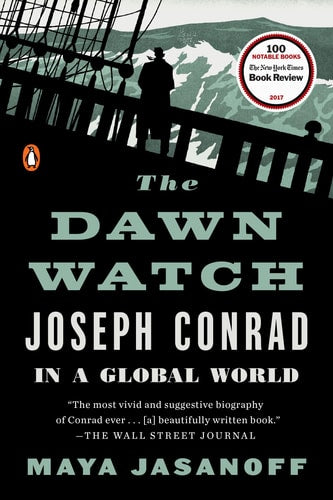 Book cover of 'The Dawn Watch' by Joseph Conrad with a silhouette and mountain background.