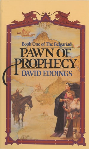 Book cover of 'Pawn of Prophecy' by David Eddings with desert scene and characters.