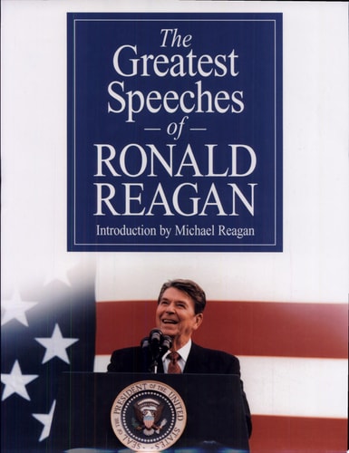 Book cover of 'The Greatest Speeches of Ronald Reagan' with a portrait of Ronald Reagan and an American flag.