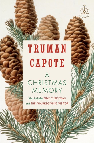 Book cover of 'A Christmas Memory' by Truman Capote with pine cones and branches.
