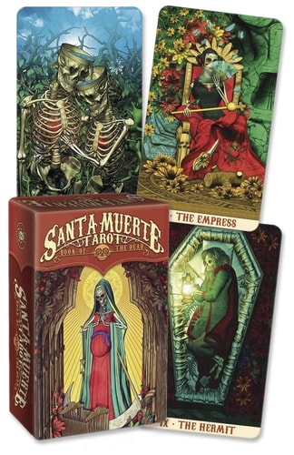 Santa Muerte Tarot cards with a box featuring tarot cards and their illustrations.